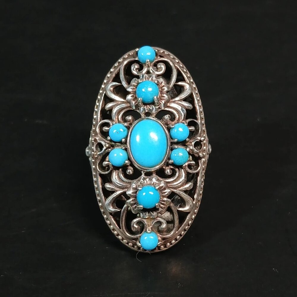 Sterling Silver Turquoise Cluster Ring Size 6 Filigree Shield